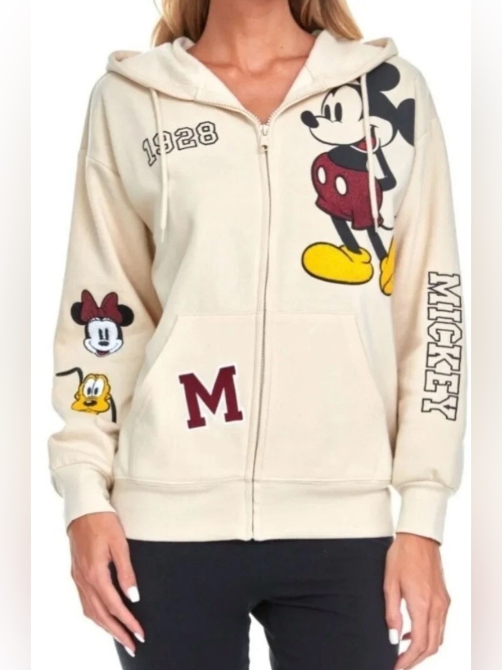 Disney Mickey Mouse Women’s XL Zip Up Sweatshirt, Chenille Patches - Brand New